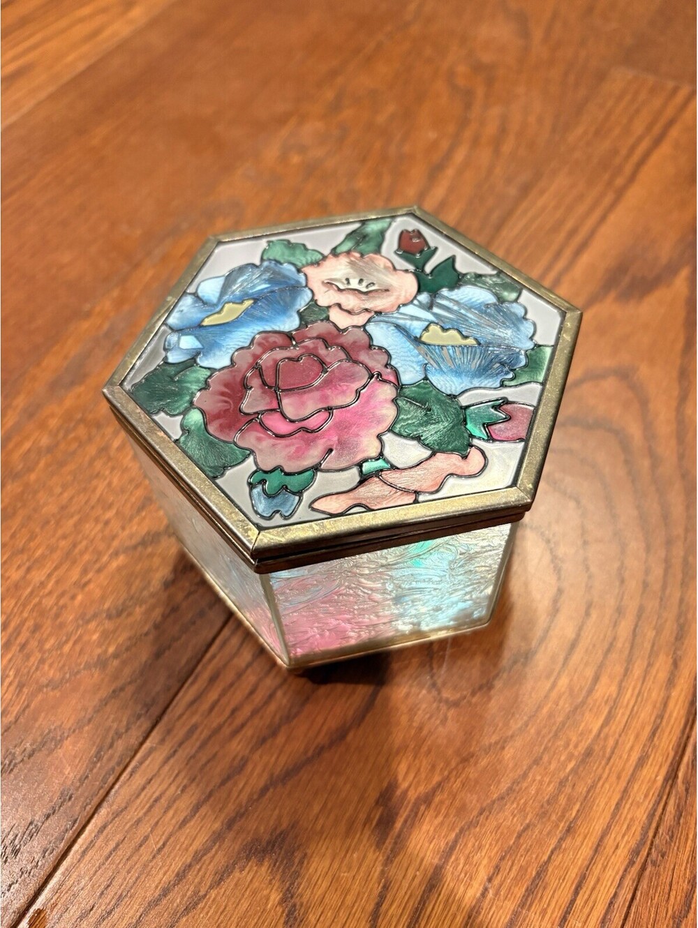 Stained Glass And Brass Hexagon Hinged Trinket Box